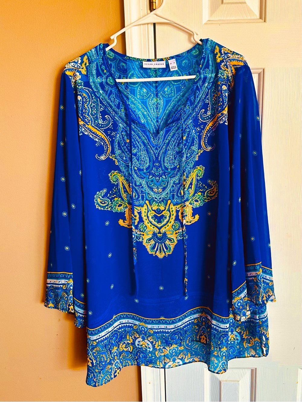 Susan Graver XL Cobalt Blue Paisley V-Neck Tunic with Yellow Accents - Picture 3 of 6